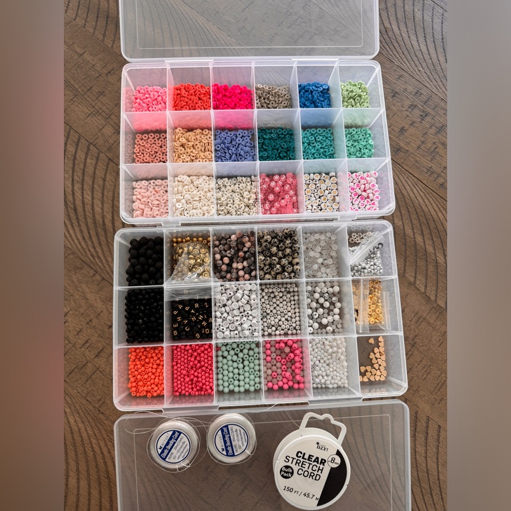 BEAD BRACELET LOT Clay, Stone, and other bead lot Mix of letters, colors, metal
